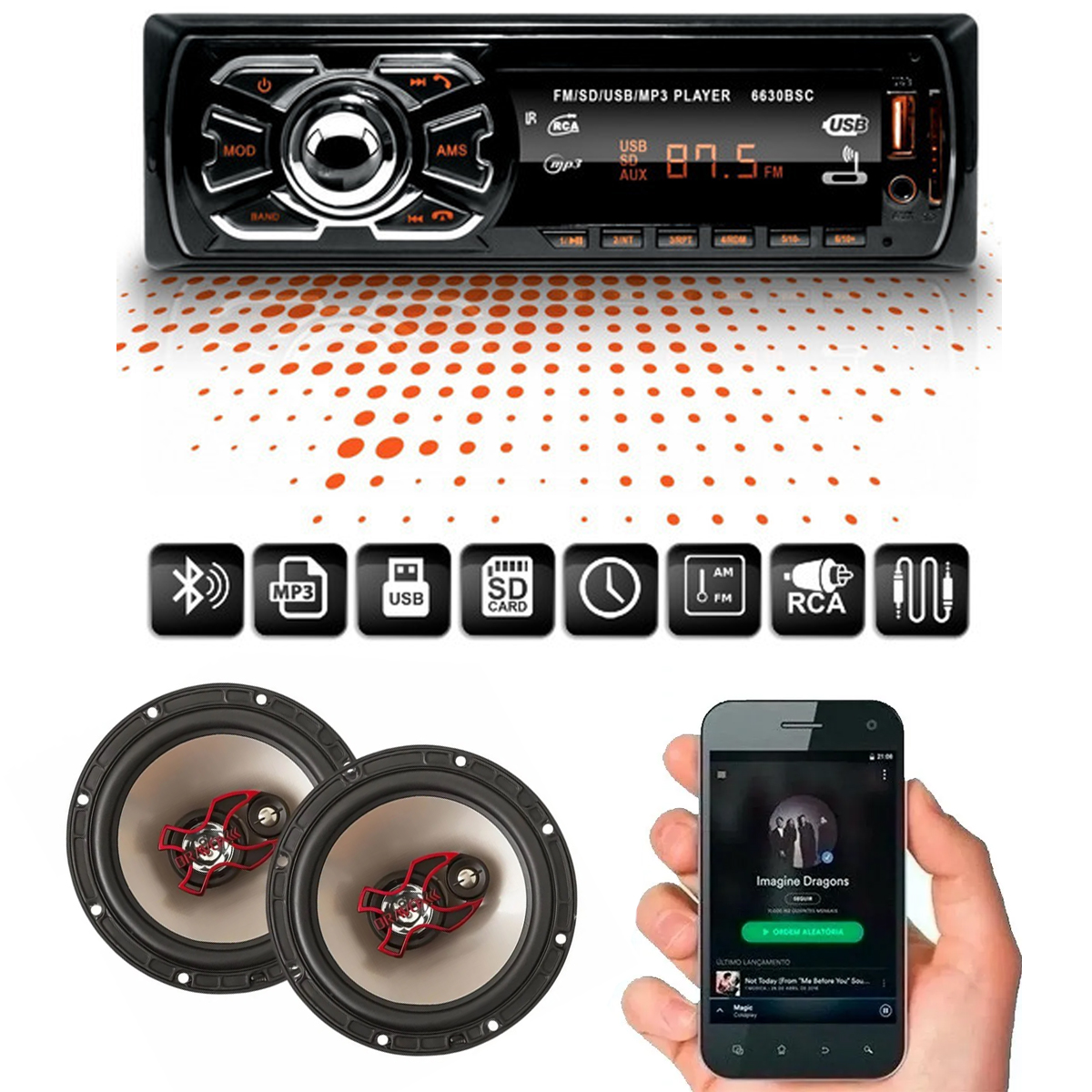 COMP Som Automotivo MP3 BT 6630 Controle First Option -M-6630BN + Par de Bravox 6" B3X60X