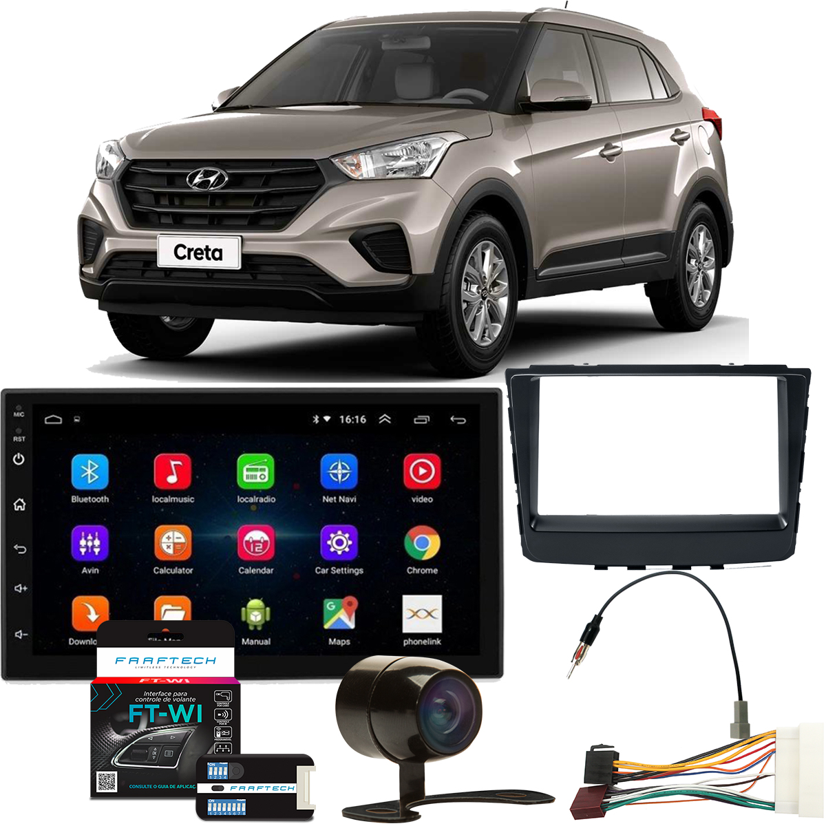 COMP Kit Central Multimídia Universal Hyundai Creta 2017 a 2021 7 pol MP5 Android 9.1 - JR8