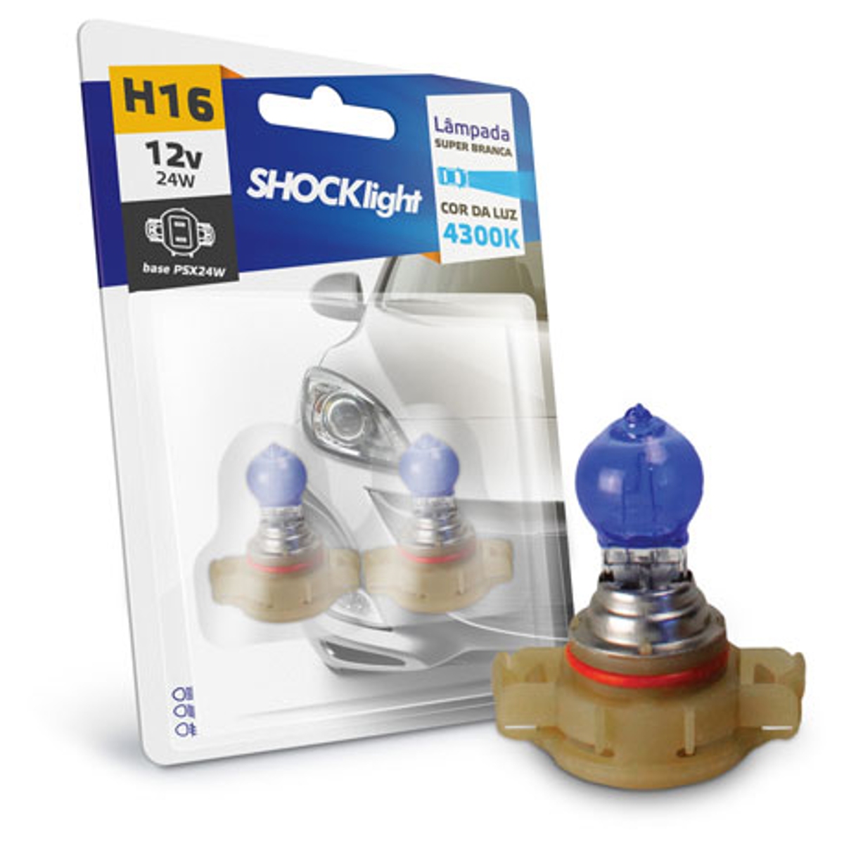 Lâmpada Super Branca Auto Halógena Tonalidade 4300K H16 12V 24W PSX24W Shocklight SL-120016SBBL