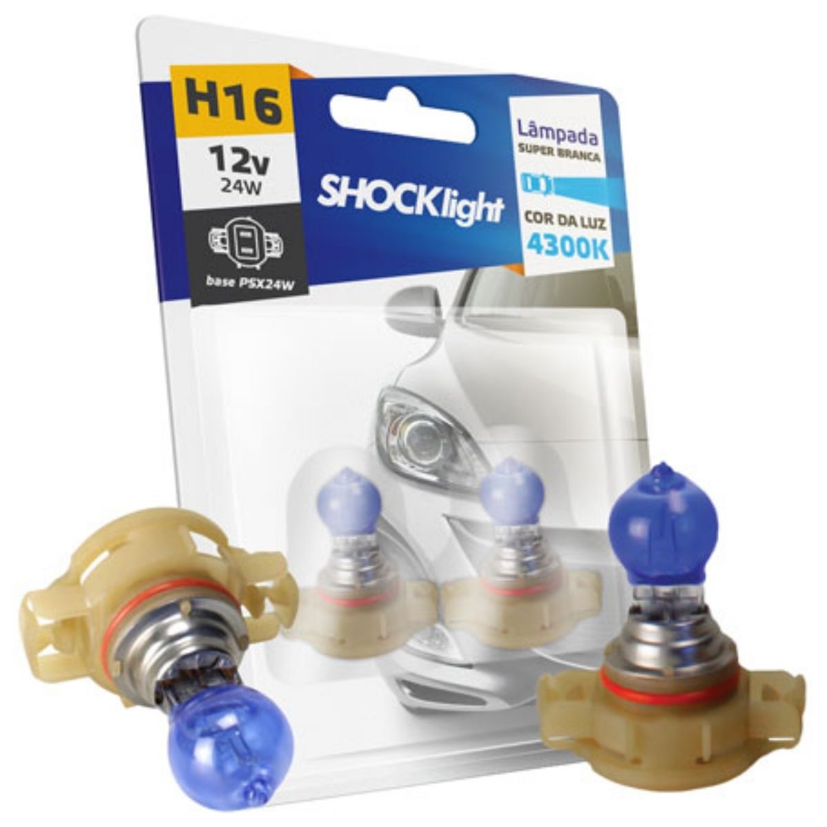 Lâmpada Super Branca Auto Halógena Tonalidade 4300K H16 12V 24W PSX24W Shocklight SL-120016SBBL