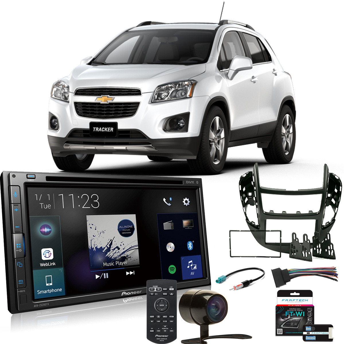 COMP Kit Central Multimídia Pioneer Chevrolet Tracker 2014 em diante AVH-Z5280TV 7 pol
