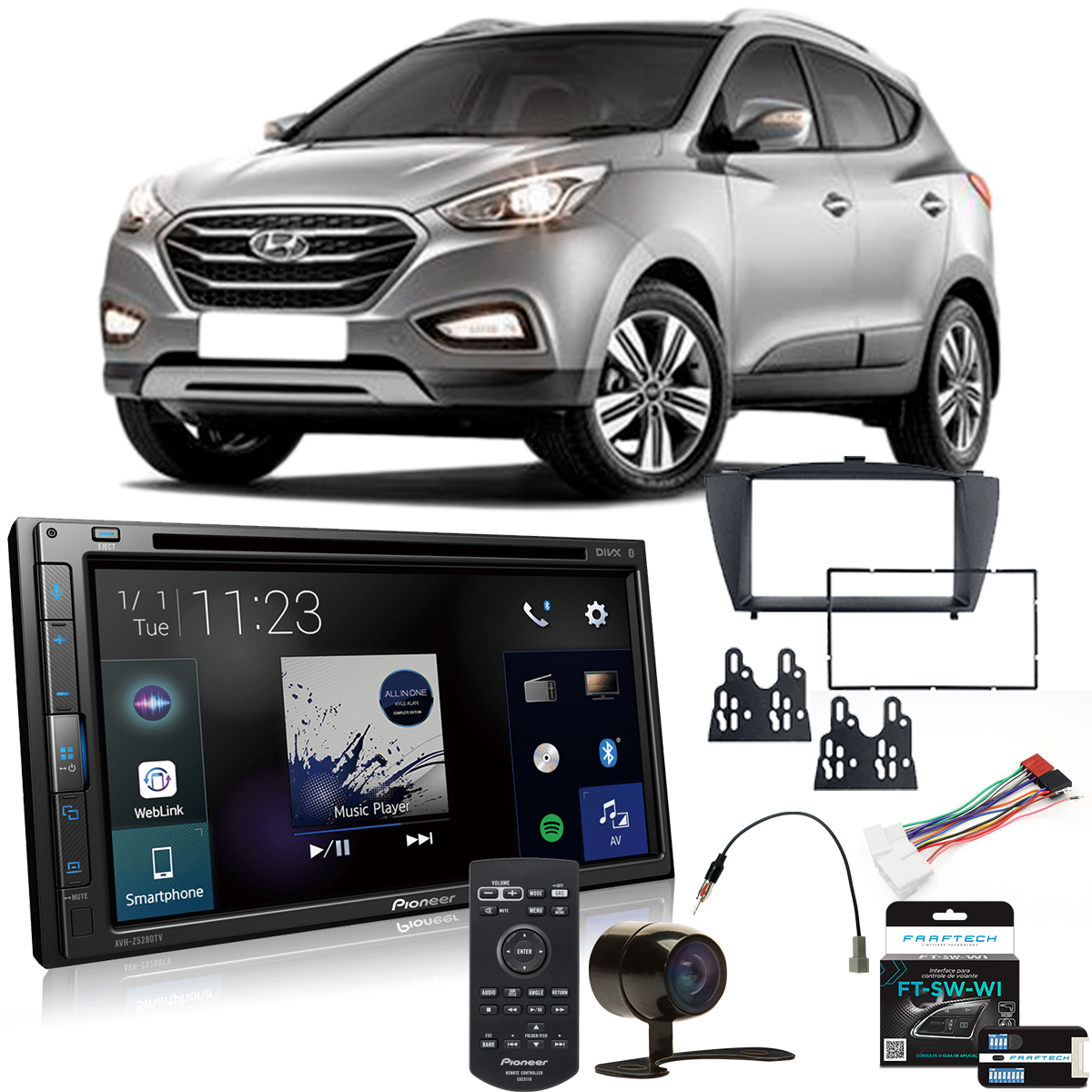 COMP Kit Central Multimídia Pioneer Hyundai IX35 2010 a 2020 AVH-Z5280TV + Moldura + Câmera de ré + Interface + Chicotes