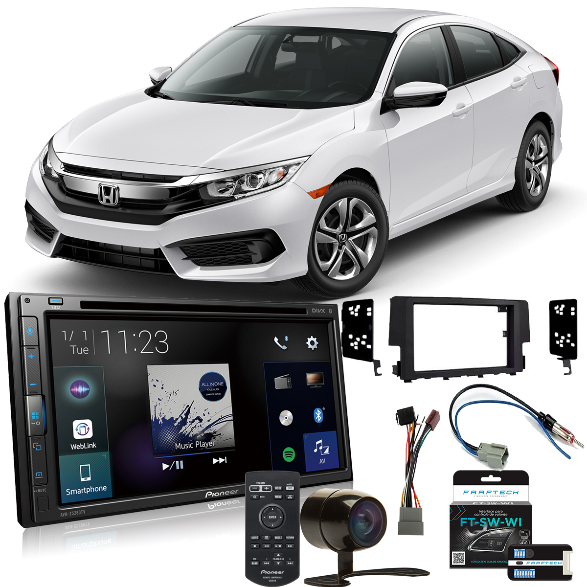 COMP Kit Central Multimídia Pioneer Honda Civic 2017 a 2021 AVH-Z5280TV + Moldura 2 din + Câmera + Interface + Chicotes