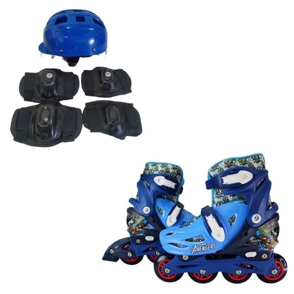 Patins Inline Ajustavel Vingadores TAM 35-38 Multikids - BR1165 + Kit Proteção Infantil 3X1 Azul Unisex Xalingo - 0549.8
