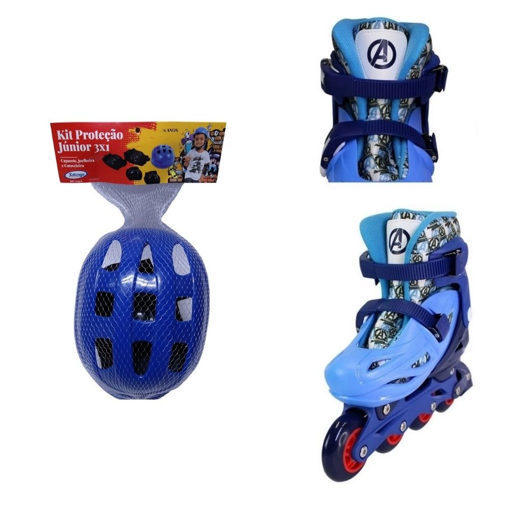 Patins Inline Ajustavel Vingadores TAM 35-38 Multikids - BR1165 + Kit Proteção Infantil 3X1 Azul Unisex Xalingo - 0549.8