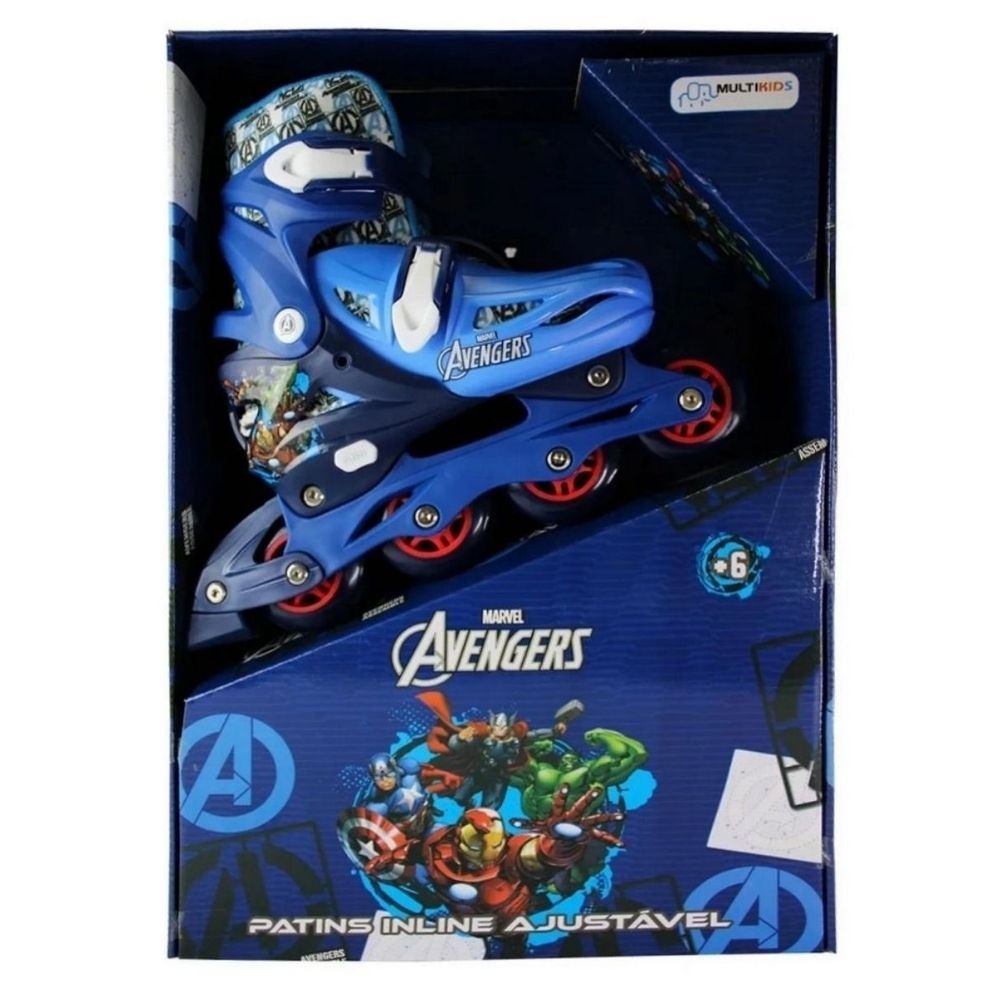 Patins Inline Ajustavel Vingadores TAM 35-38 Multikids - BR1165 + Kit Proteção Infantil 3X1 Azul Unisex Xalingo - 0549.8