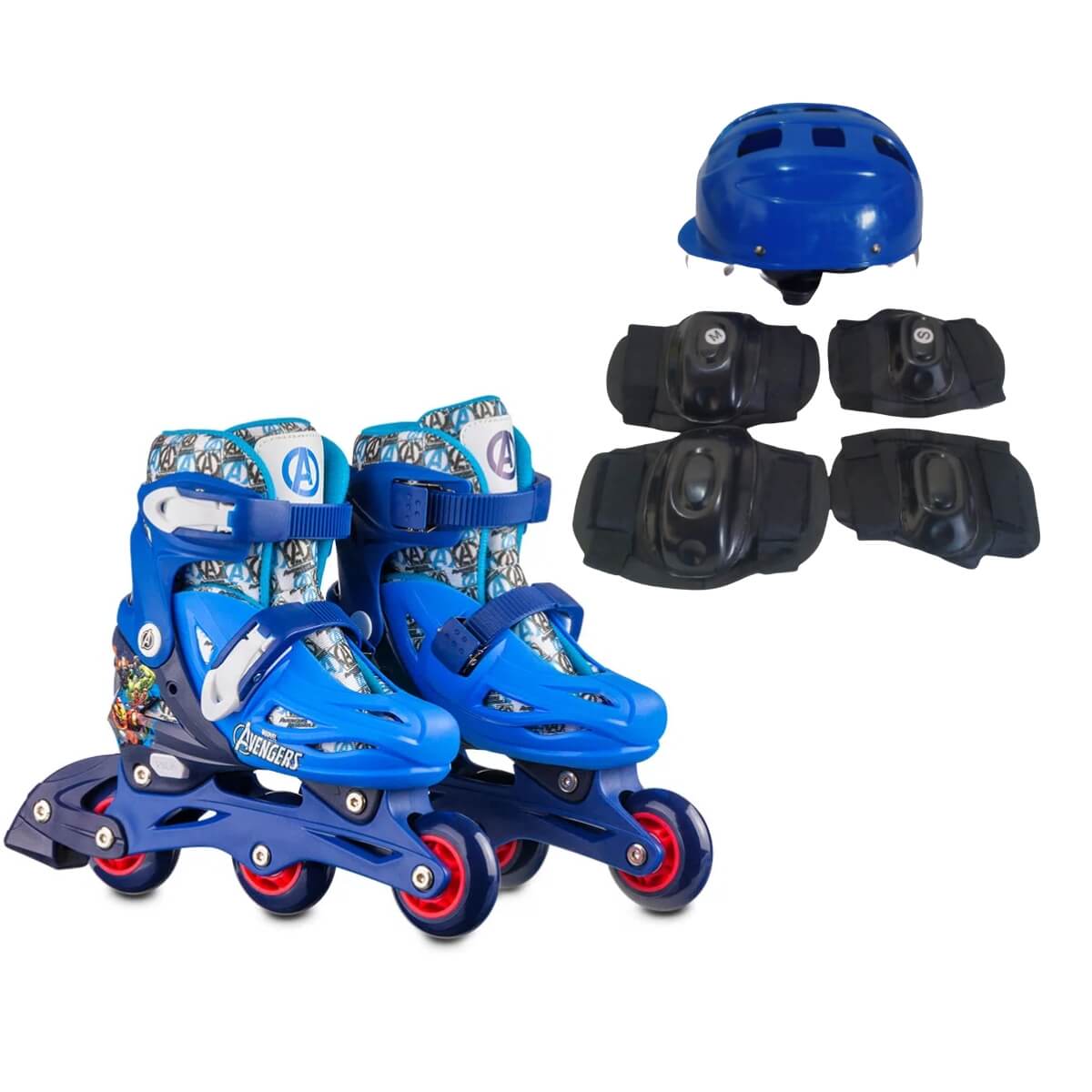 Patins Inline Ajustavel Vingadores TAM 31-34 Multikids + Kit Proteção Infantil 3X1 Azul Unisex Xalingo