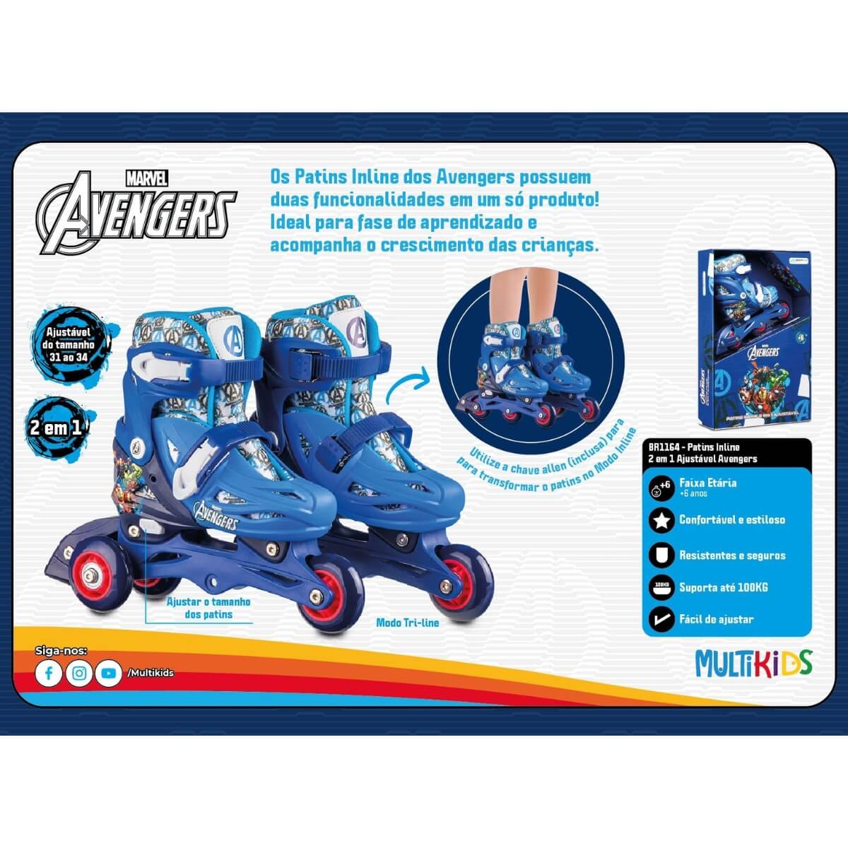 Patins Inline Ajustavel Vingadores TAM 31-34 Multikids + Kit Proteção Infantil 3X1 Azul Unisex Xalingo