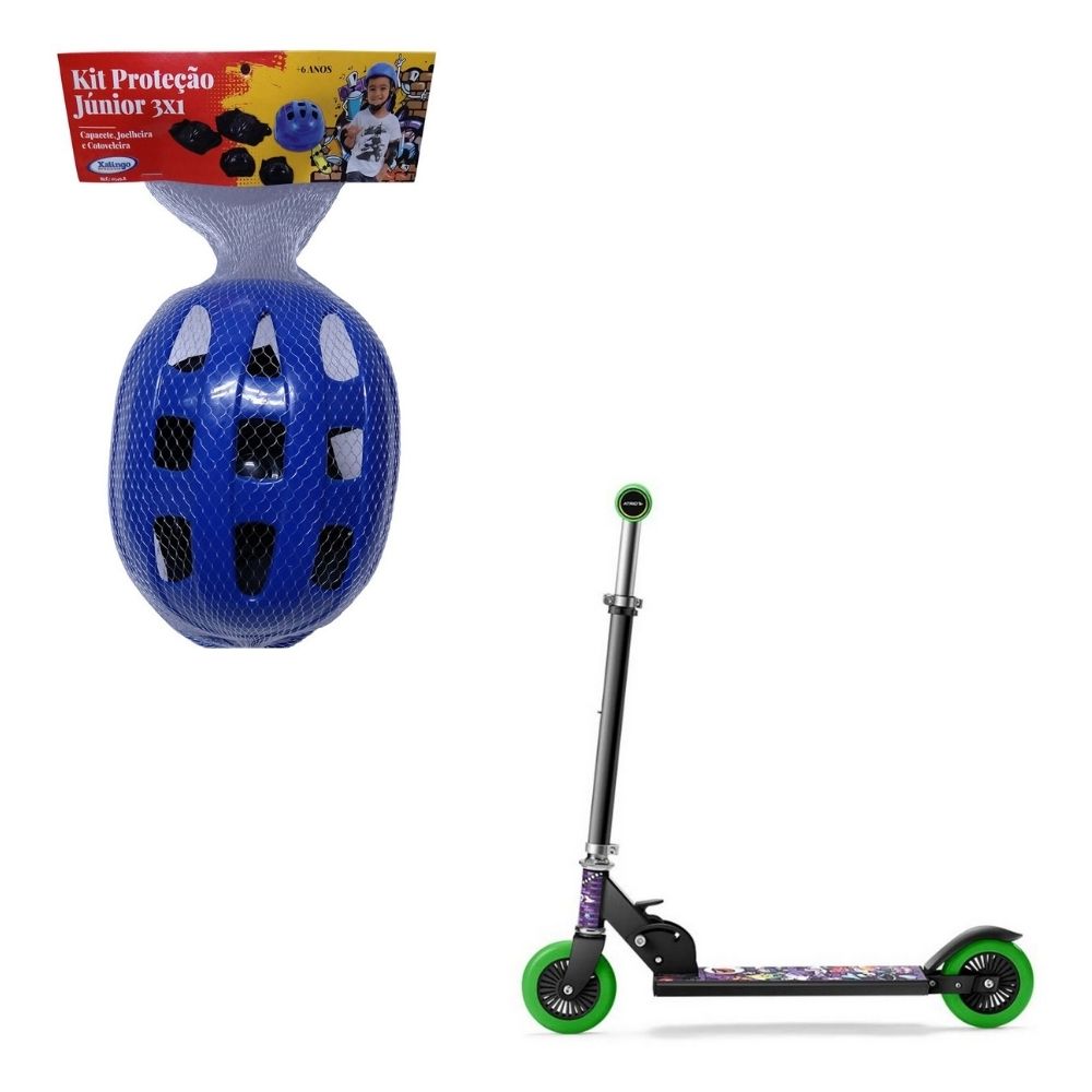 Patinete Infantil Atrio Masculino 2 rodas Monster-  ES271 Multilaser + Kit Proteção Infantil 3X1 Azul Unisex Xalingo