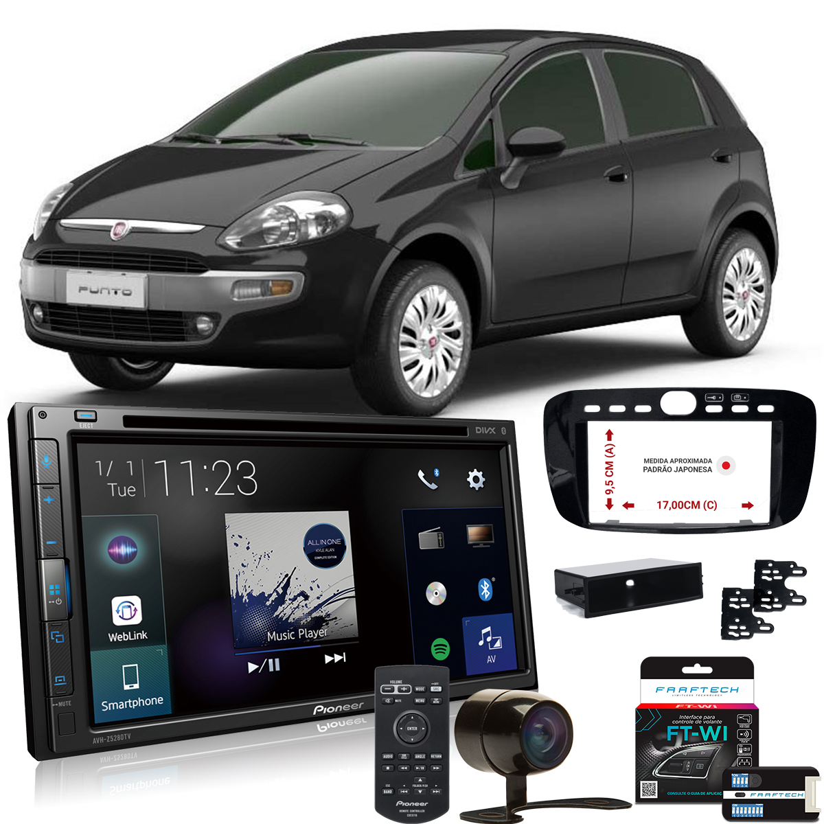 COMP Kit Central Multimídia Pioneer Fiat Punto 2013 até 2017 AVH-Z5280TV + Moldura + Câmera de ré + Interface