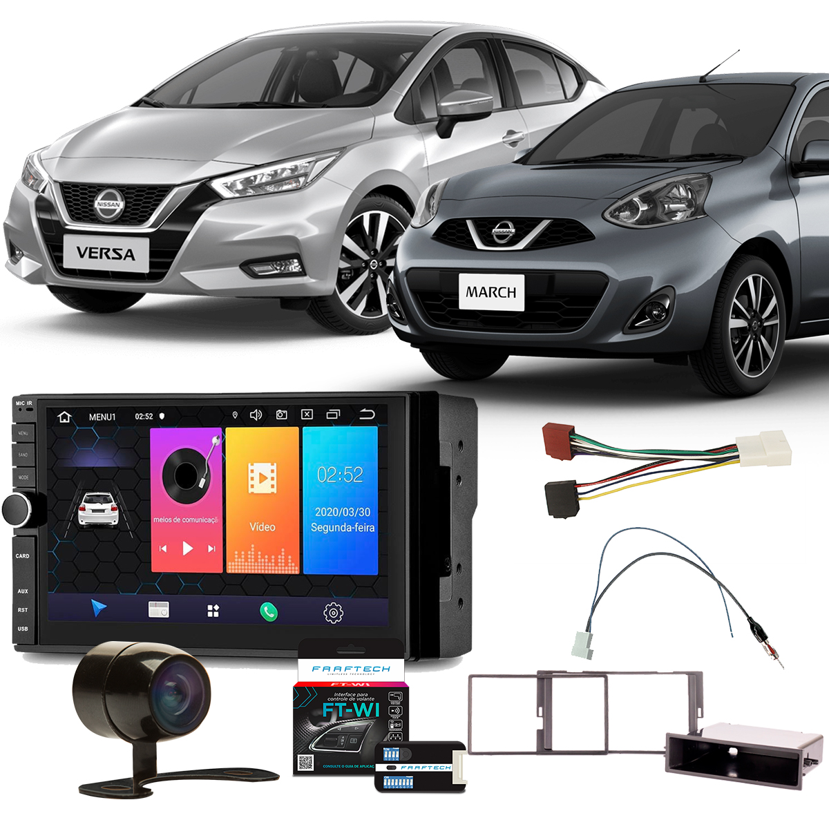COMP Kit Multimídia Nissan March e Versa 2014 a 2021 Evolve 7 pol Android 9.0 GP349 Multilaser + Moldura + Interface