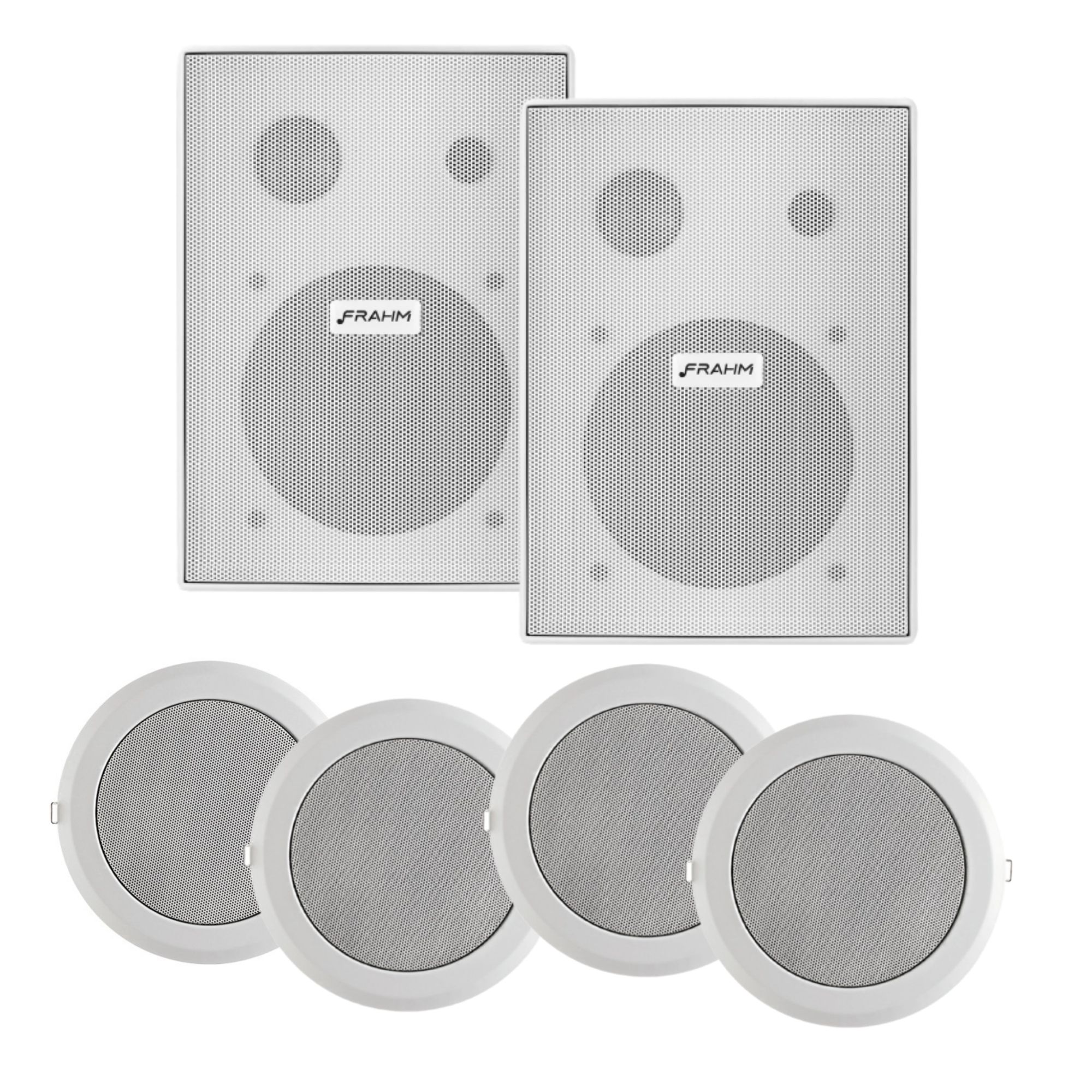Par de Caixa de Som Acústica Passiva PS 200 Frahm - 31649 + 4 Caixa de Som Arandela 25W Coaxial Branca - Frahm 20760