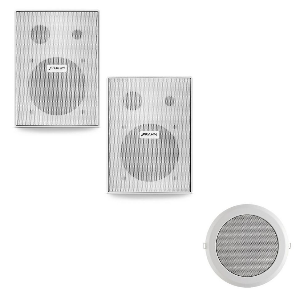 Par de Caixa de Som Acústica Passiva PS 200 Frahm - 31649 + 4 Caixa de Som Arandela 25W Coaxial Branca - Frahm 20760