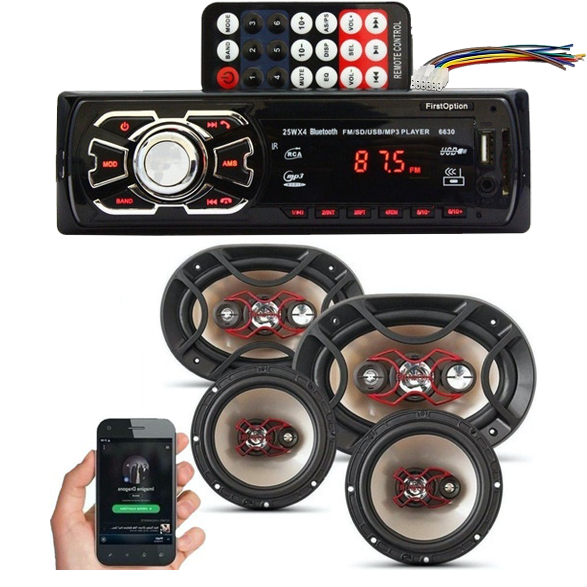 COMP Kit Som Automotivo MP3 BT 6630 Controle First Option - M-6630BN + Par de falantes 6x9 Bravox B3X60X + B4X69X