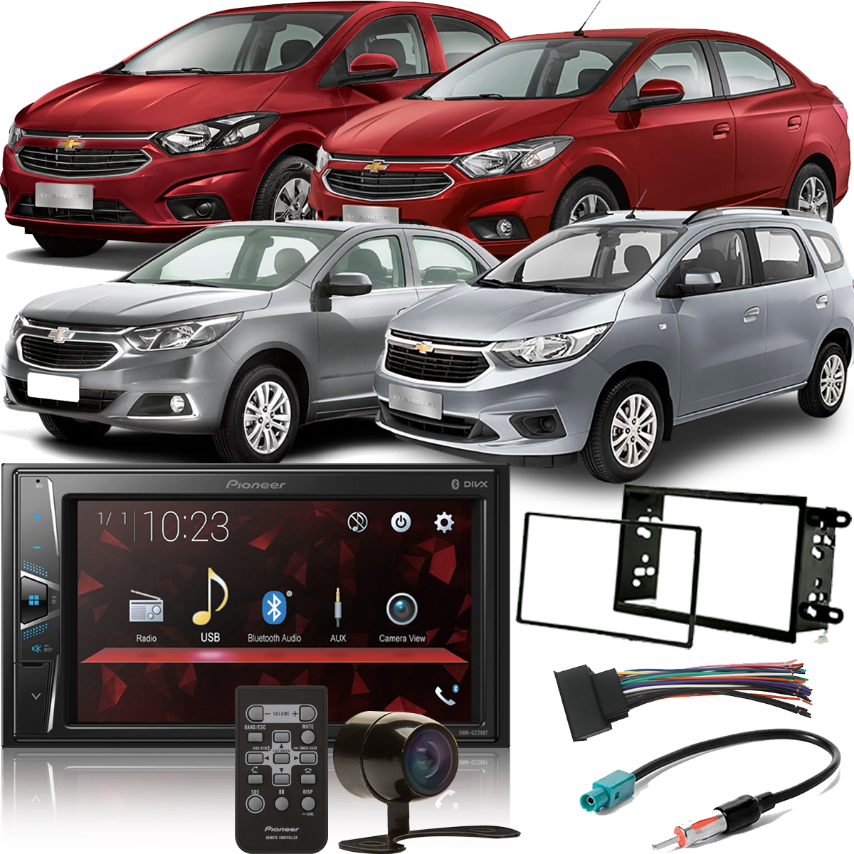 COMP Kit Central Multimidia Pioneer Chevrolet Onix Cobalt Prisma Spin DMH-G228BT + Moldura 2 din + Câmera + Chicotes
