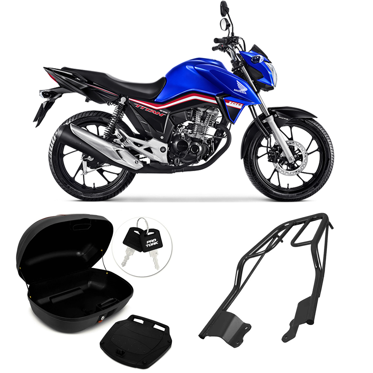 COMP Kit Bauleto 45 Litros + Bagageiro Honda Titan 160 2016 a 2021 Modelo Sansão Preto BA-162HP Pro Tork
