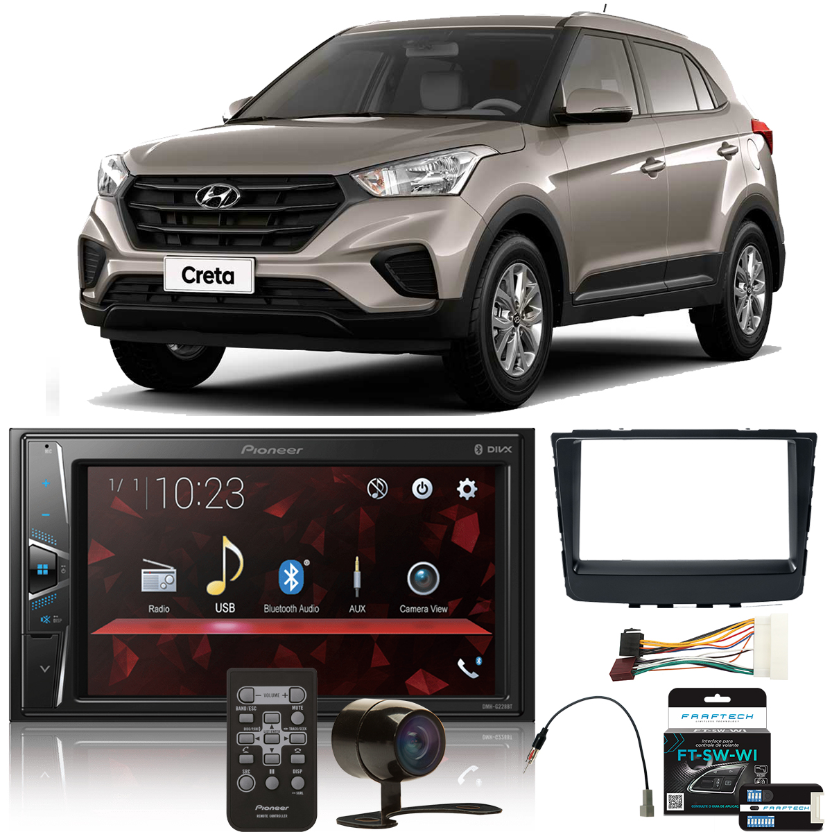 COMP Kit Central Multimídia Pioneer Hyundai Creta 2017 a 2021 DMH-G228BT + Moldura + Câmera + Interface + Chicotes