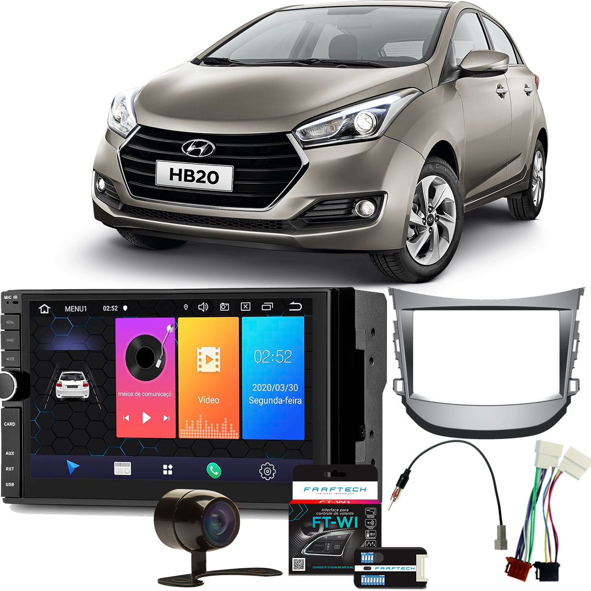 COMP Kit Multimídia HB20 2012 a 2021 som original Evolve 7 pol Android 9 GP349 + Moldura + Câmera + Interface + Chicotes