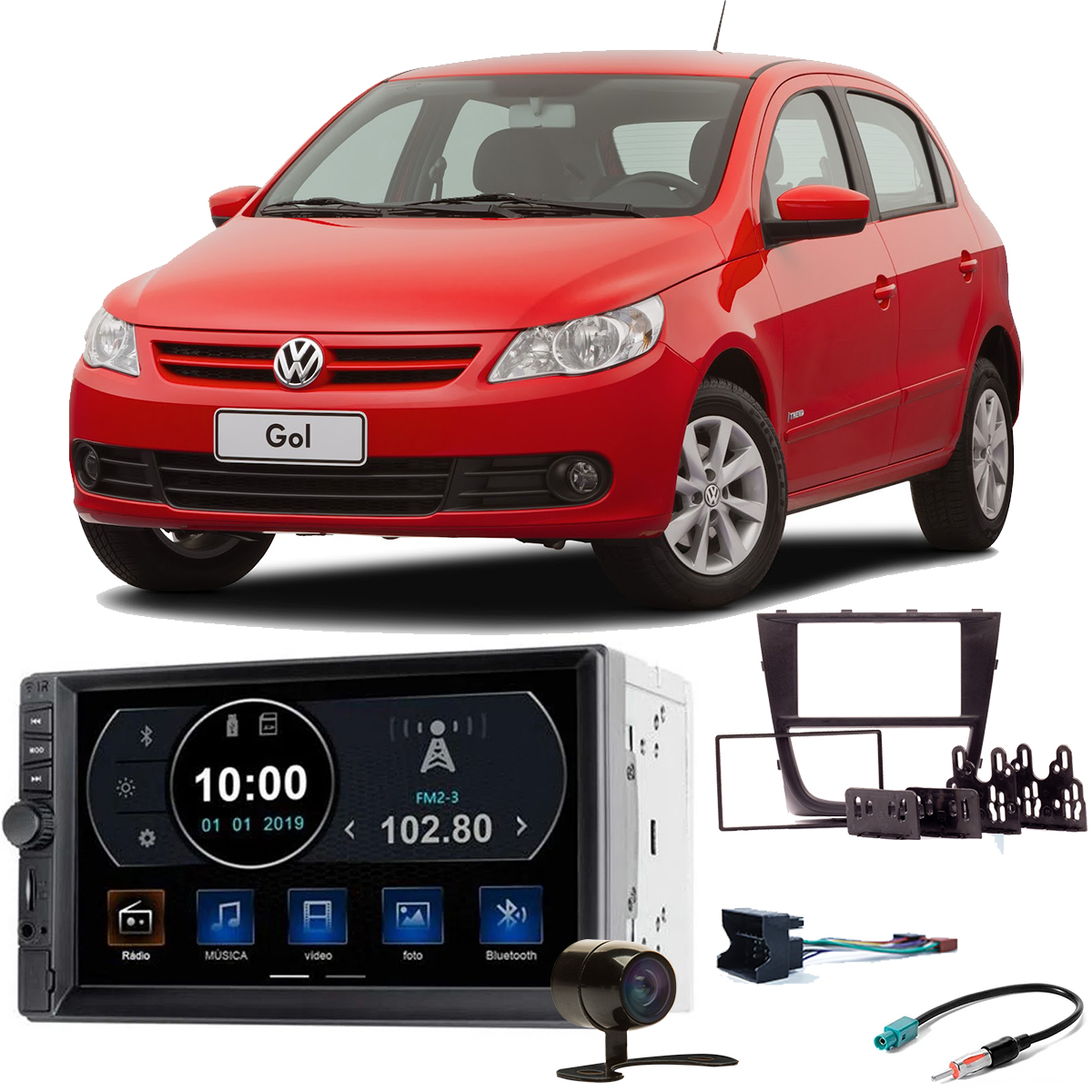COMP Kit Central Multimídia Gol G5 sem vidro elétrico Evolve TV MP5 TV Digital 7 pol GP345 + Moldura + Câmera + Chicotes