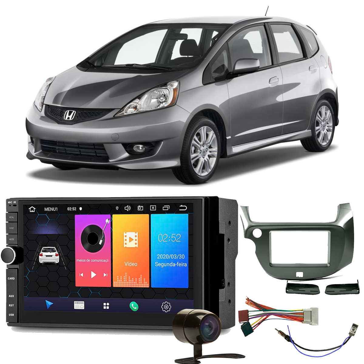COMP Kit Central Multimídia Honda Fit 2009 a 2011 Evolve 7 pol Android 9 Multilaser GP349 + Moldura + Câmera + Chicotes