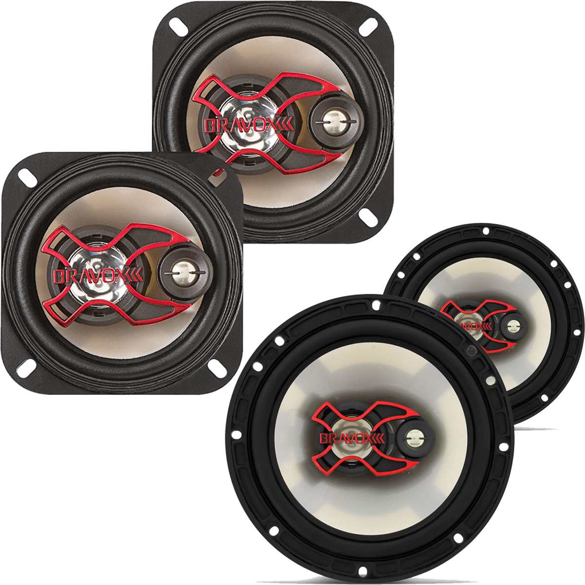 Kit Par Alto Falante Automotivo Bravox B3X40X 4 pol 80W RMS + Par de Alto Falantes Bravox Triaxial 6 pol B3X60X 100WRMS