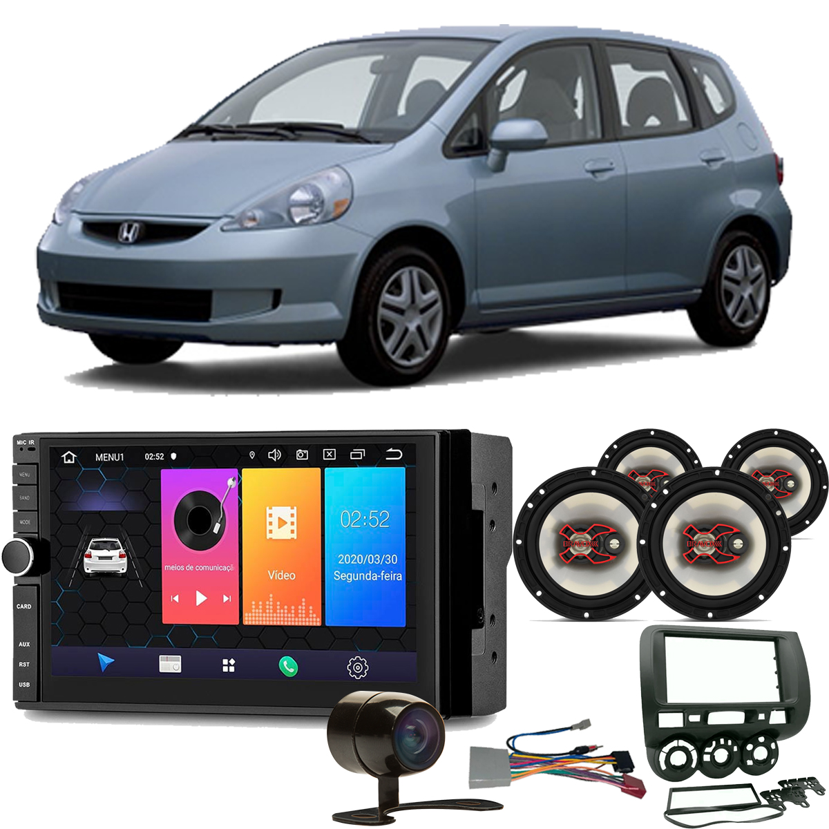 COMP Kit Multimídia Honda Fit 2004 a 2008 Evolve 7 pol Android 9 GP349 + Moldura + Câmera + Chicotes + Falantes 6 pol