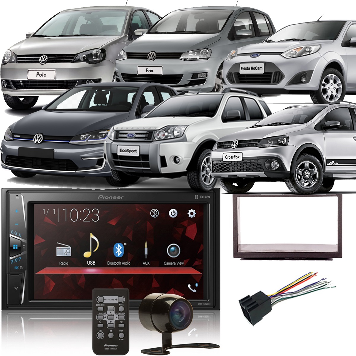 COMP Kit Multimidia Pioneer Golf Fox Crossfox SpaceFox Polo Fiesta EcoSport DMH-G228BT + Moldura + Câmera + Chicote