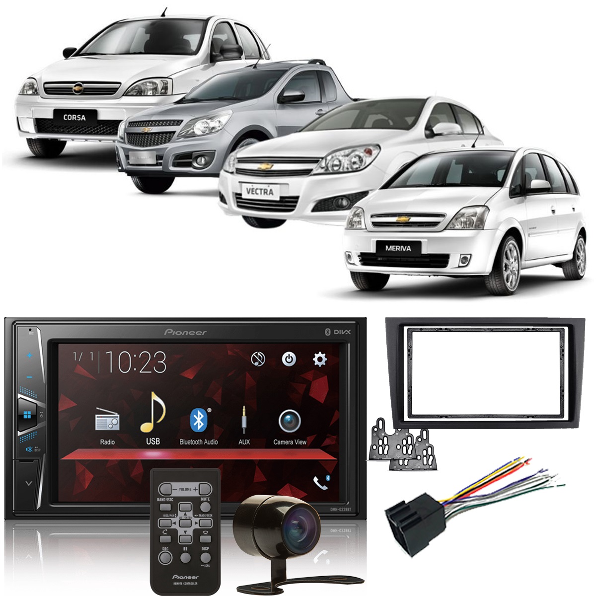 COMP Kit Central Multimídia Corsa Meriva Montana Vectra Pioneer DMH-G228BT + Moldura + Câmera de ré + Chicotes