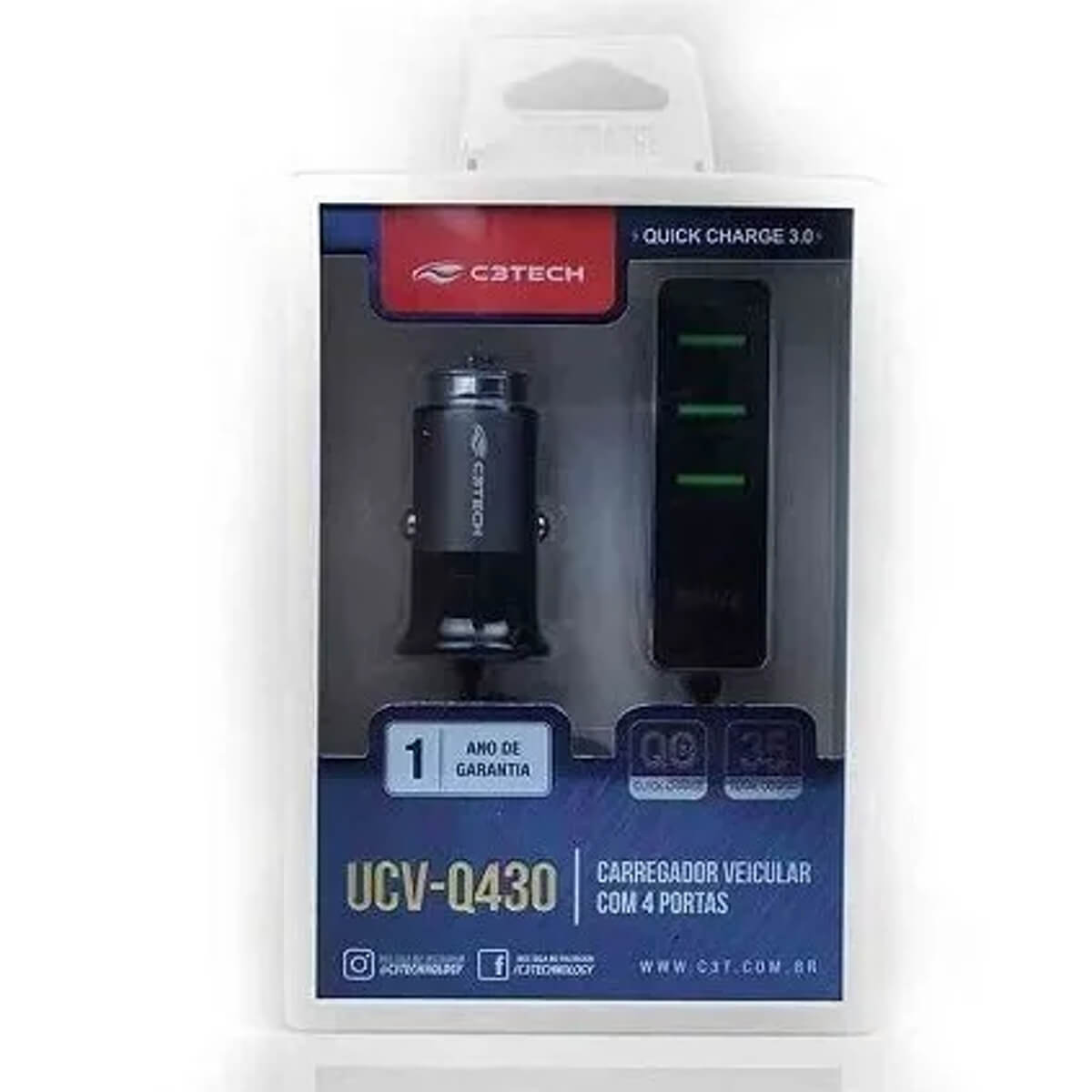 Carregador Veicular para Celular 4 USB 3.4A UCV-Q430BK Preto - C3Tech