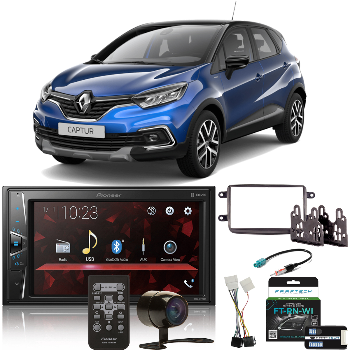 COMP Kit Central Multimídia Renault Captur 2011 a 2020 Pioneer DMH-G228BT + Moldura + Câmera + Interface + Chicotes