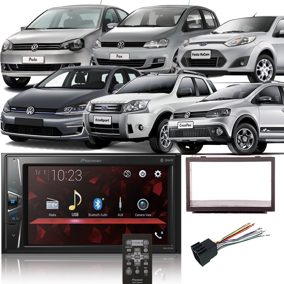 COMP Kit Central Multimidia Pioneer Golf Fox Crossfox SpaceFox Polo Fiesta EcoSport DMH-G228BT 6,2 + Moldura + Chicote