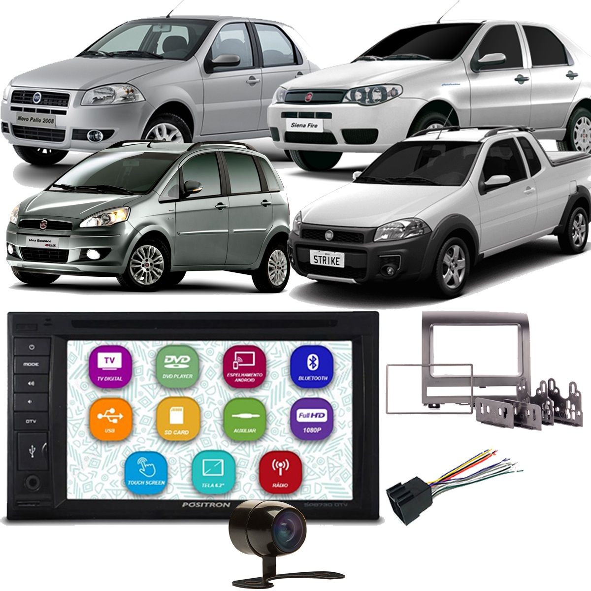 COMP Kit Central Multimídia Palio Strada Siena Idea SP8730DTV TV BT USB Positron + Moldura + Câmera de ré + Chicotes