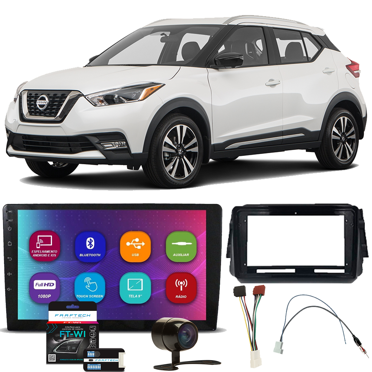 COMP Kit Central Multimídia Nissan Kicks 2016 a 2021 Mp10 9 pol Voolt C8001 + Moldura + Câmera + Interface + Chicotes