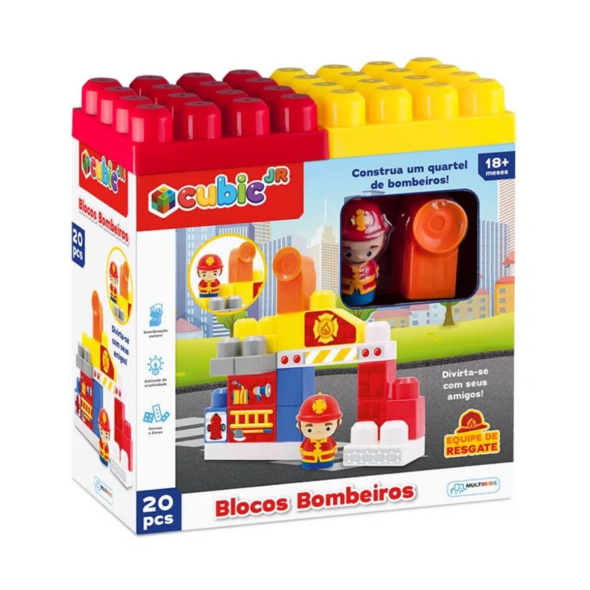 Brinquedo Bloco de Encaixe Bombeiros Cubic Jr 20 peças  Multikids - BR1391