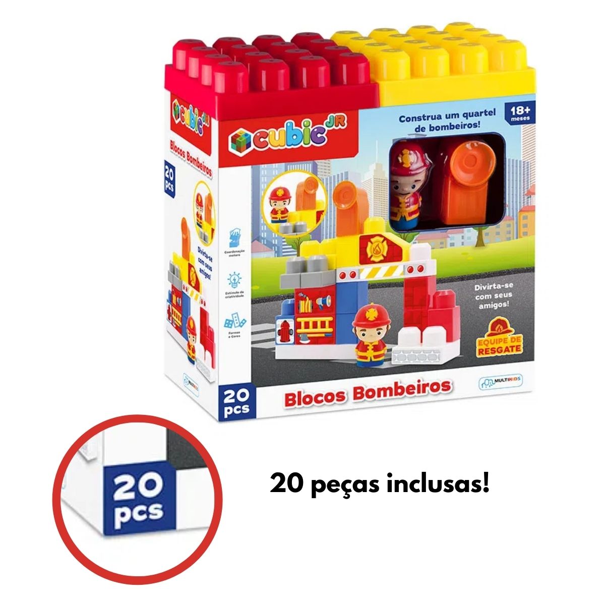 Brinquedo Bloco de Encaixe Bombeiros Cubic Jr 20 peças  Multikids - BR1391