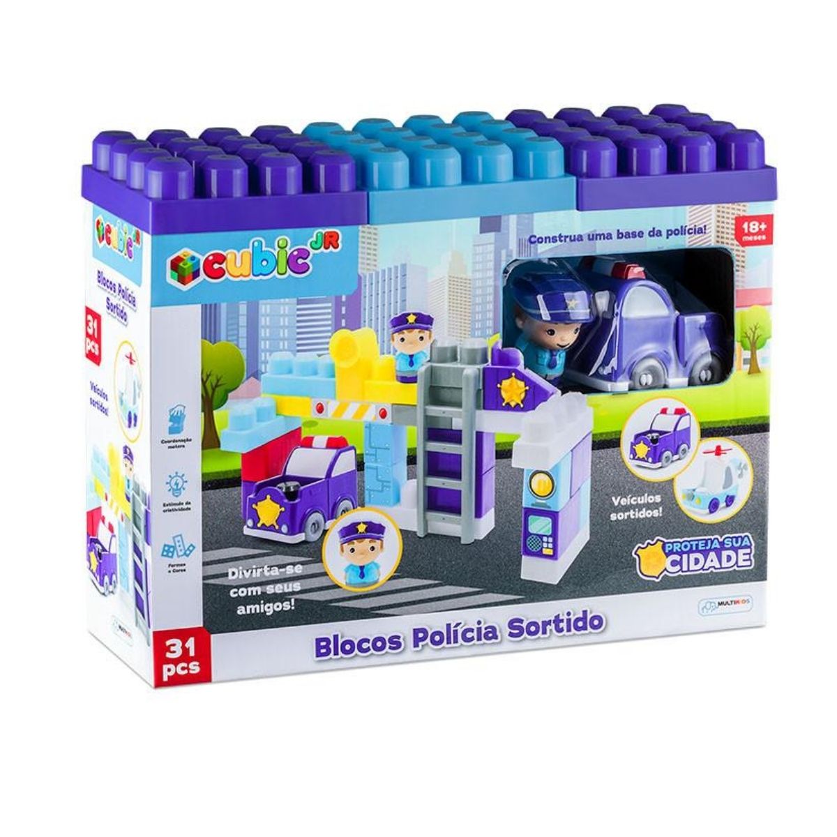 Brinquedo De Montar Policia Cubic Jr 31 Peças Blocos De Encaixe Veículo Sortido Multikids - Br1392