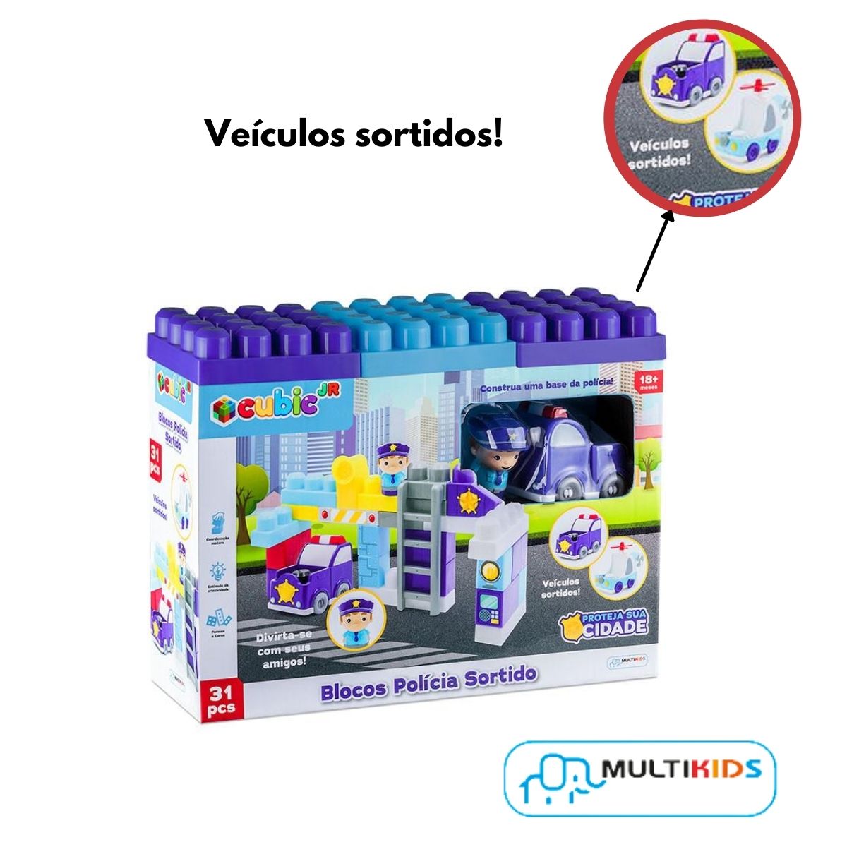 Brinquedo De Montar Policia Cubic Jr 31 Peças Blocos De Encaixe Veículo Sortido Multikids - Br1392