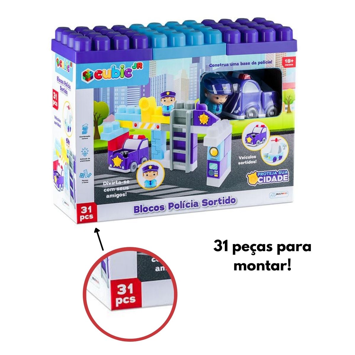 Brinquedo De Montar Policia Cubic Jr 31 Peças Blocos De Encaixe Veículo Sortido Multikids - Br1392