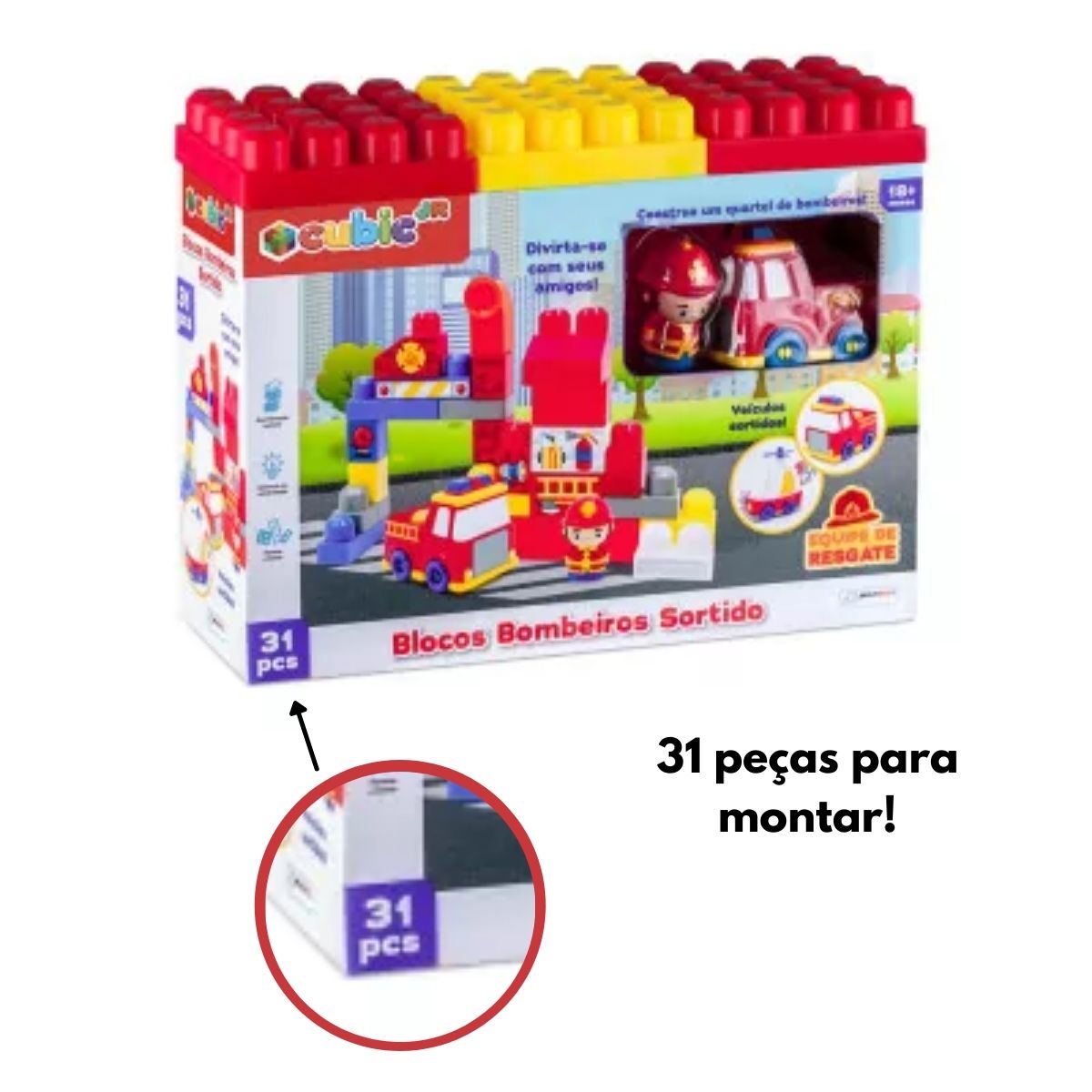 Brinquedo de Montar Bombeiros Cubic Jr 31 Peças Blocos de Encaixes Veículo Sortido - BR1393