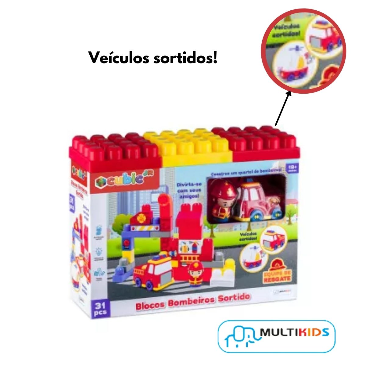 Brinquedo de Montar Bombeiros Cubic Jr 31 Peças Blocos de Encaixes Veículo Sortido - BR1393