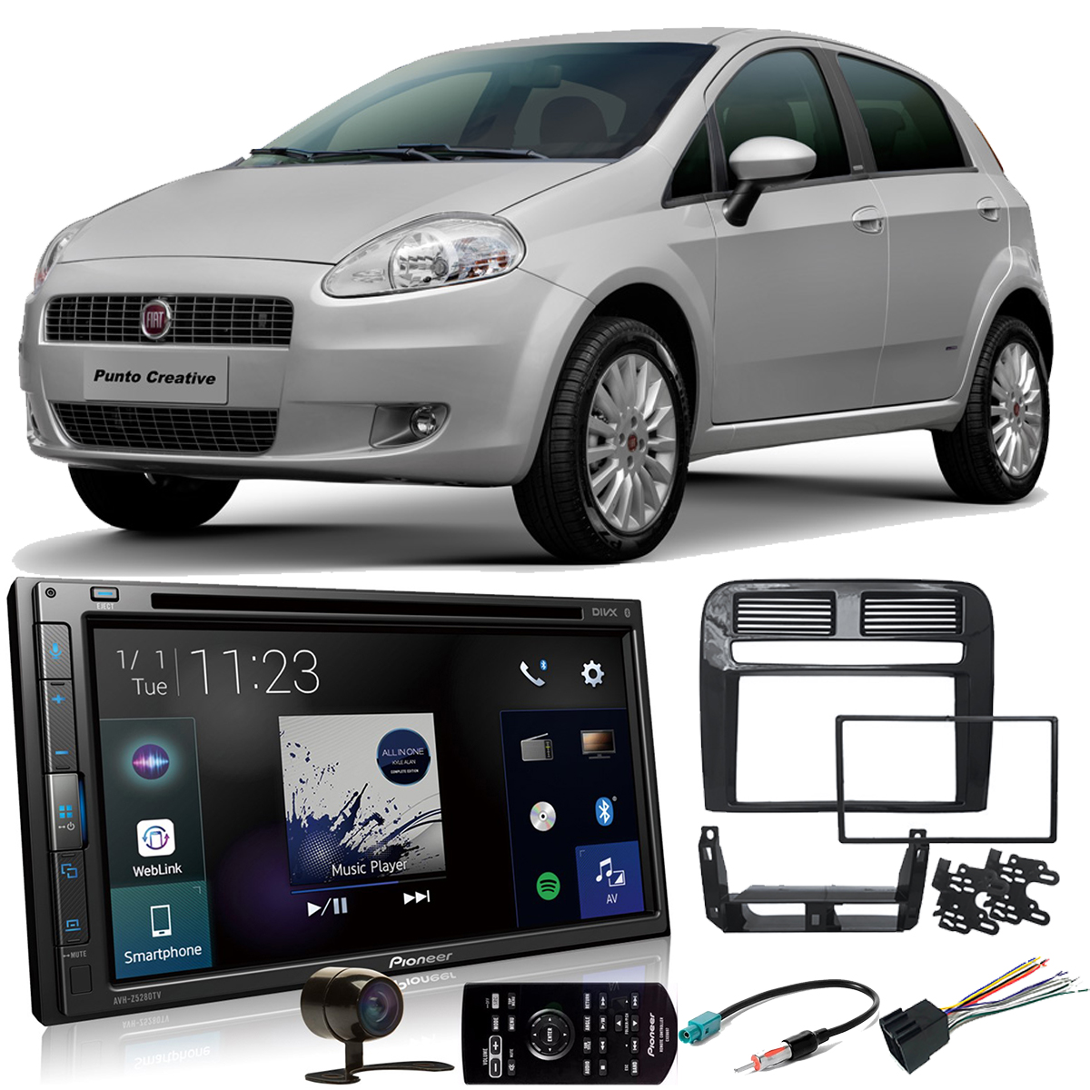 COMP Kit Central Multimídia Fiat Punto 2008 a 2012 AVH-Z5280TV Pioneer 6,8 Pol BT + Moldura + Câmera de ré + Chicotes