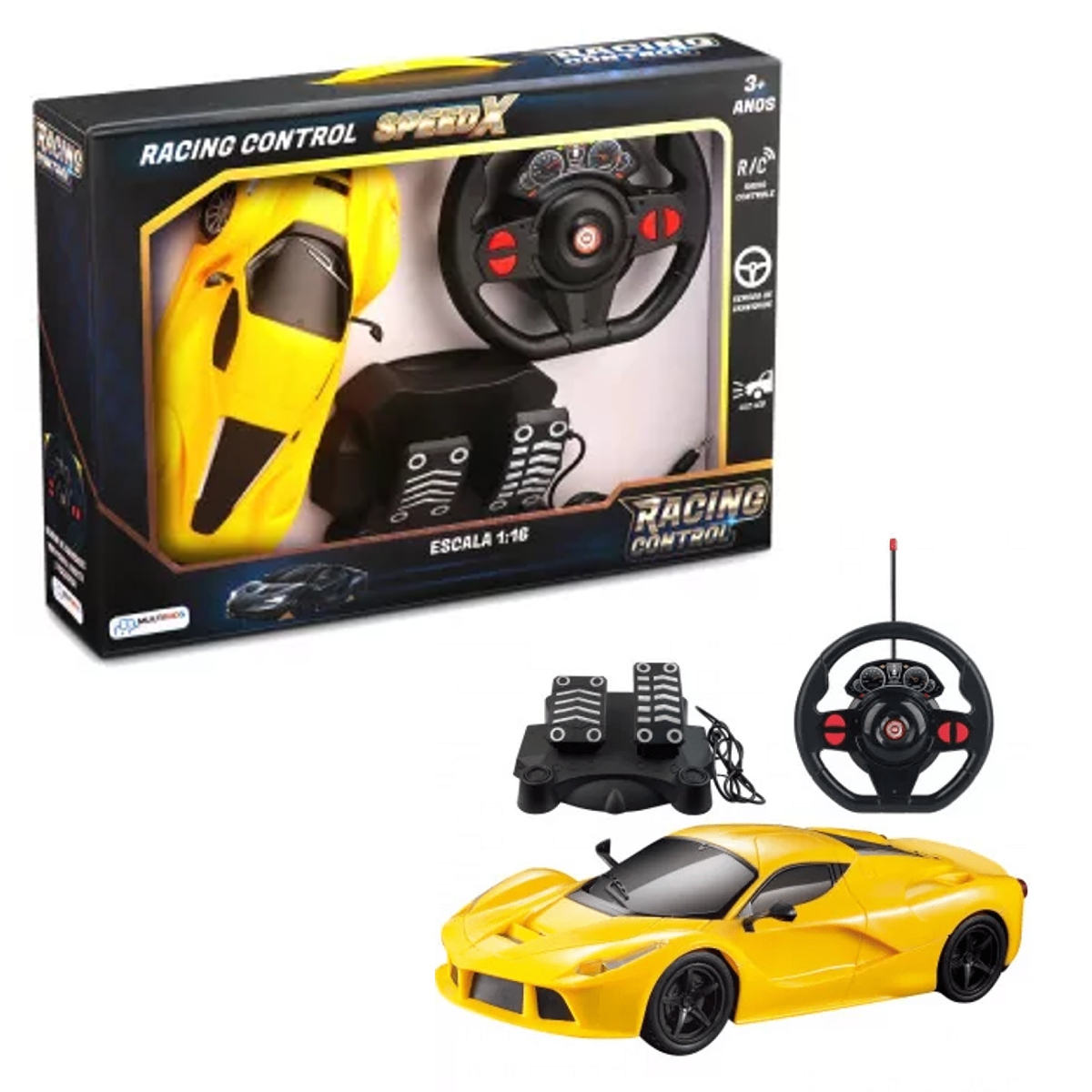 Brinquedo Carrinho Radio Controle com Volante e Pedal Racing Speed X Luz Amarelo Multikids-BR1143
