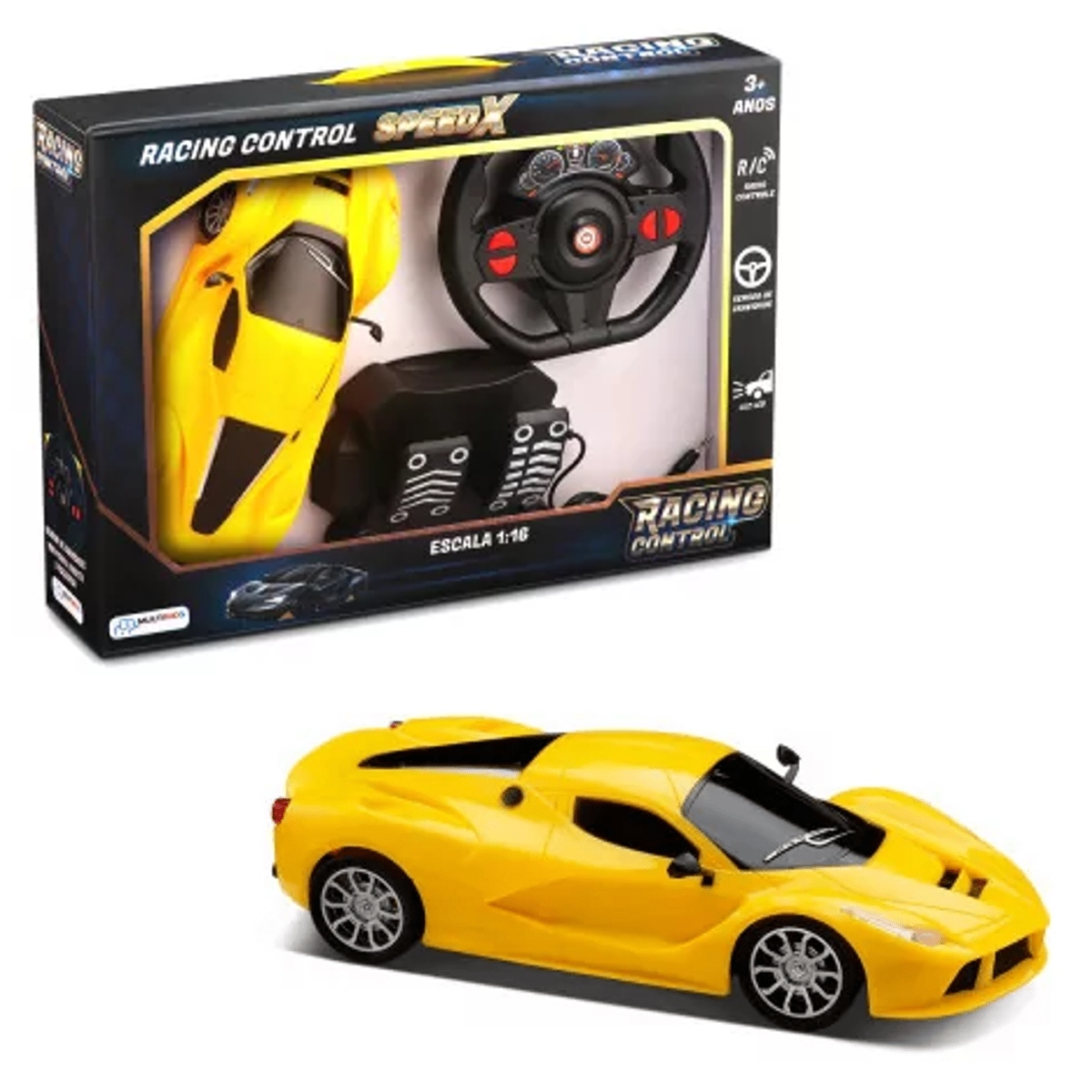 Brinquedo Carrinho Radio Controle com Volante e Pedal Racing Speed X Luz Amarelo Multikids-BR1143