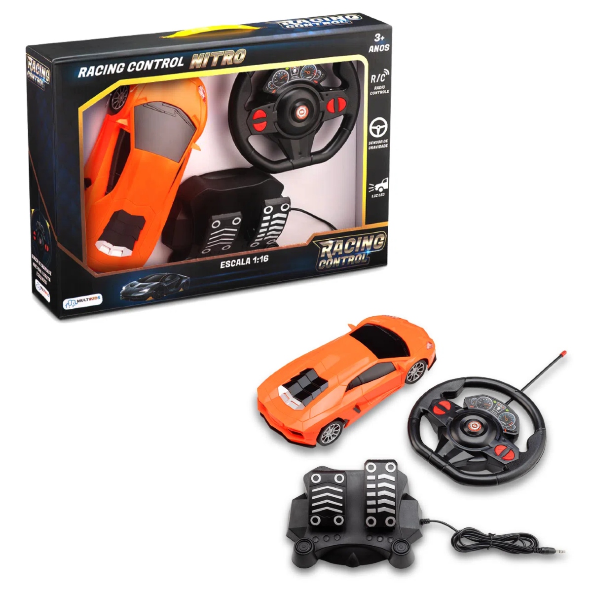 Brinquedo Carrinho Controle com Volante e Pedal Racing Control Nitro Laranja Multikids - BR1144