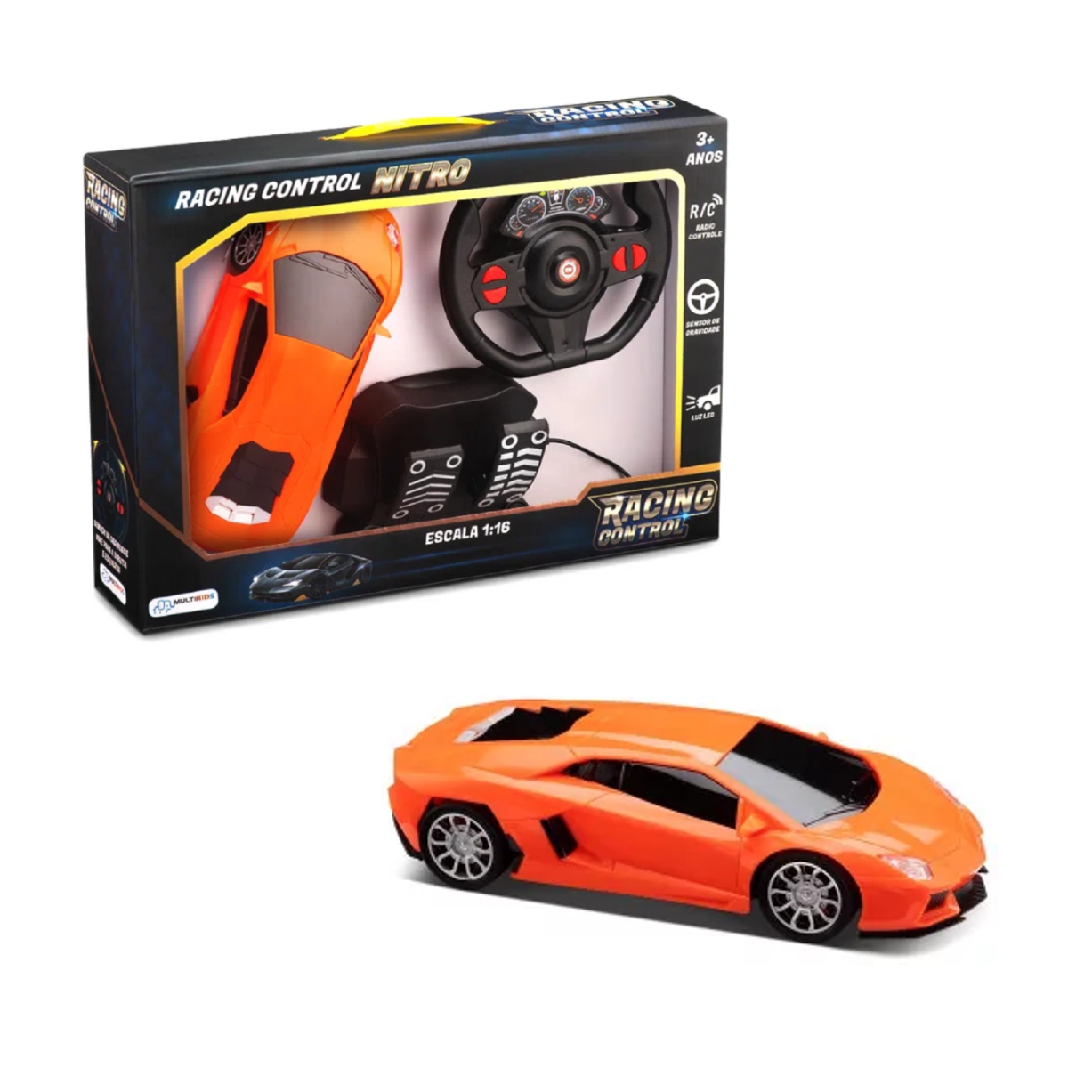 Brinquedo Carrinho Controle com Volante e Pedal Racing Control Nitro Laranja Multikids - BR1144