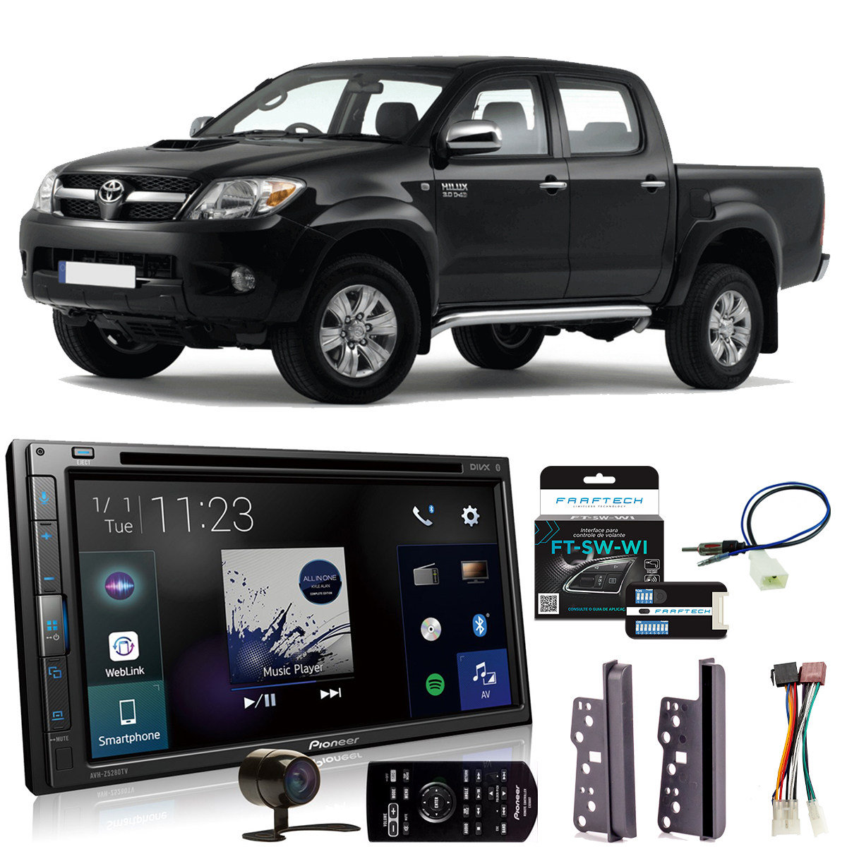 Kit Central Multimídia Hilux 2005 a 2012 AVH-Z5280TV Pioneer 6,8 Pol + Moldura + Câmera + Interface + Chicotes