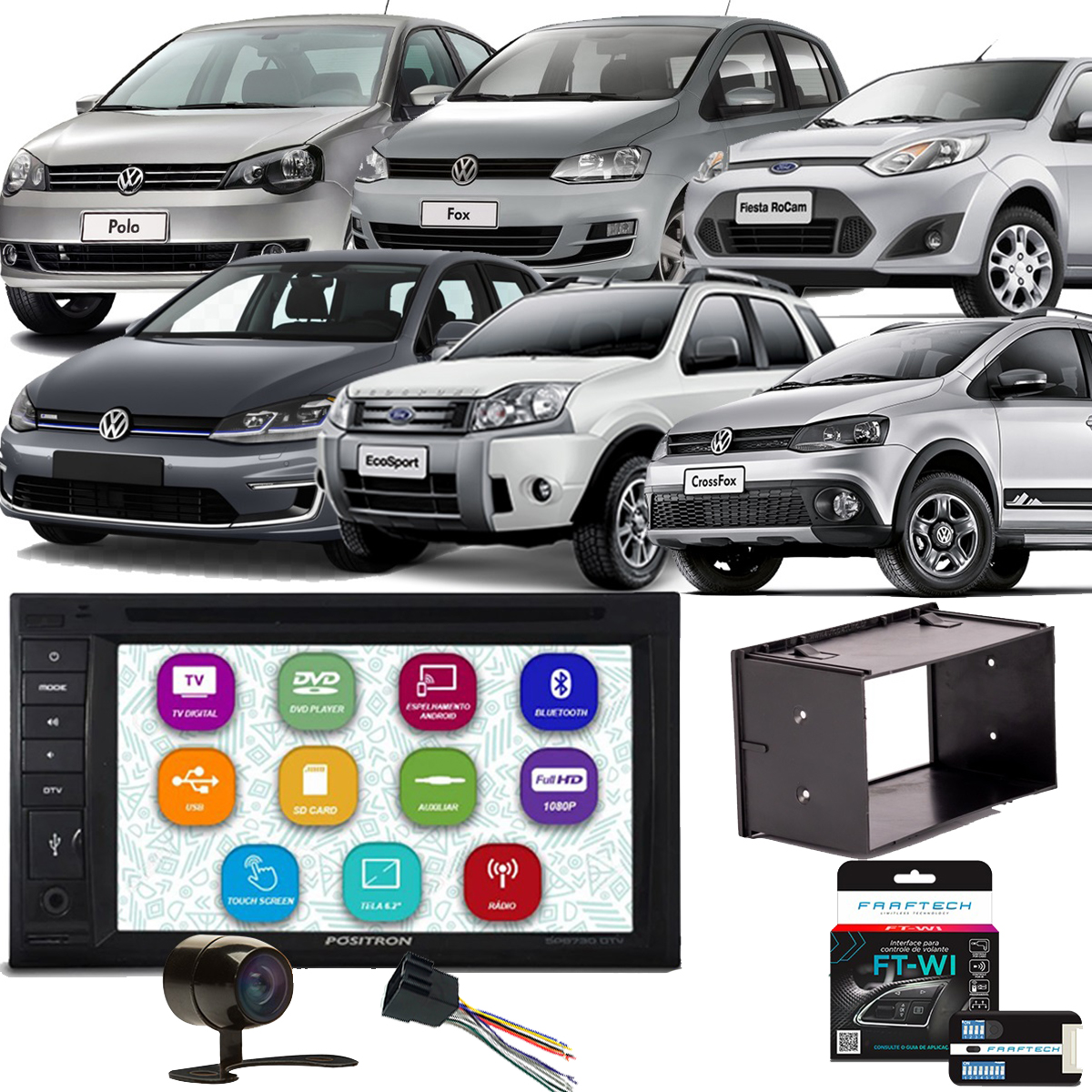 COMP Kit Multimidia Golf Fox Crossfox SpaceFox Polo Fiesta EcoSport SP8730DTV + Moldura + Câmera + Interface + Chicotes