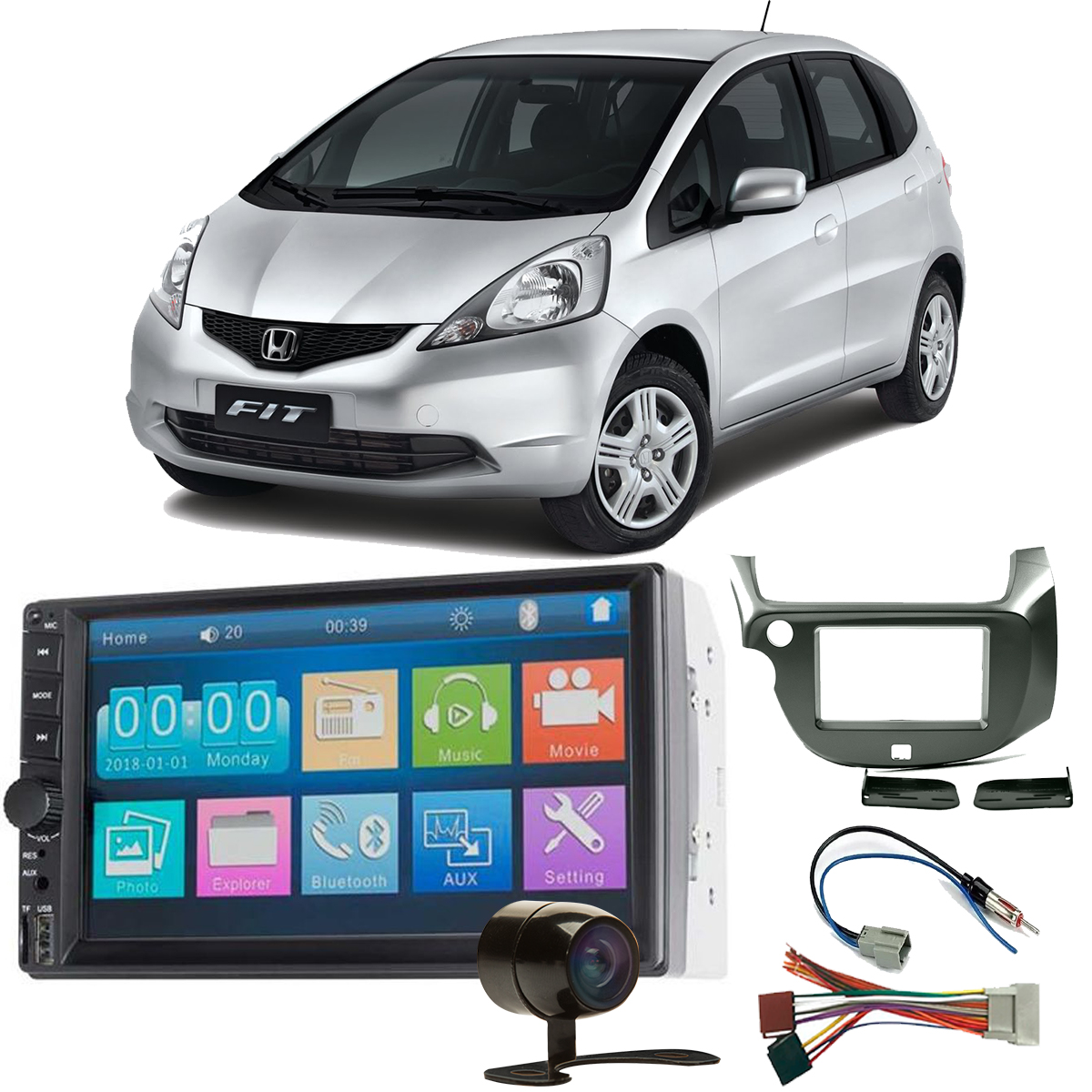 COMP Kit Multimídia Universal Honda Fit 2012 a 2014 MP5 Evolve Slim GP348 Multilaser 7 pol + Moldura + Câmera + Chicotes
