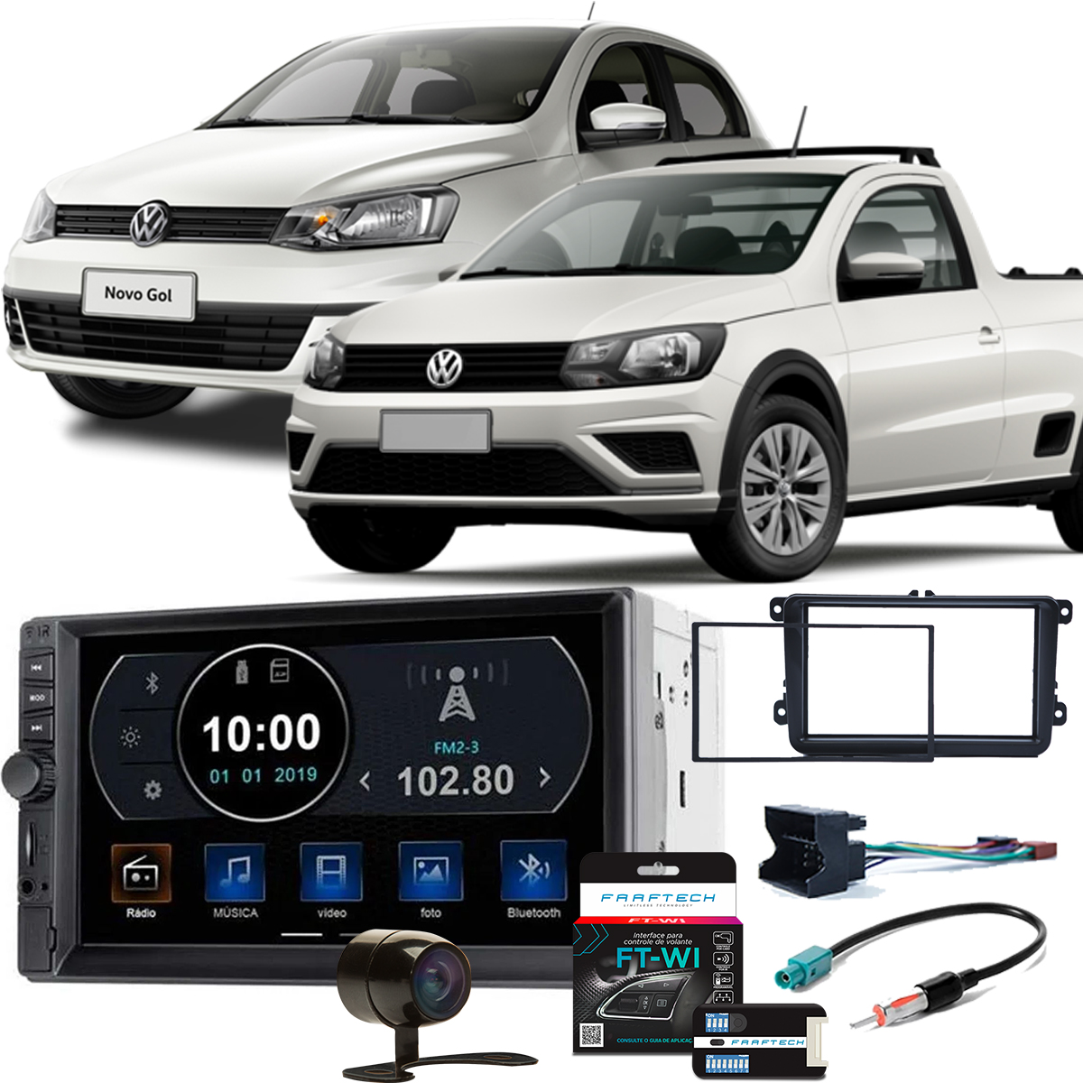 Kit Central Multimídia Gol G7 Saveiro G7 Evolve TV MP5 7 pol GP345 + Moldura + Câmera + Interface + Chicotes
