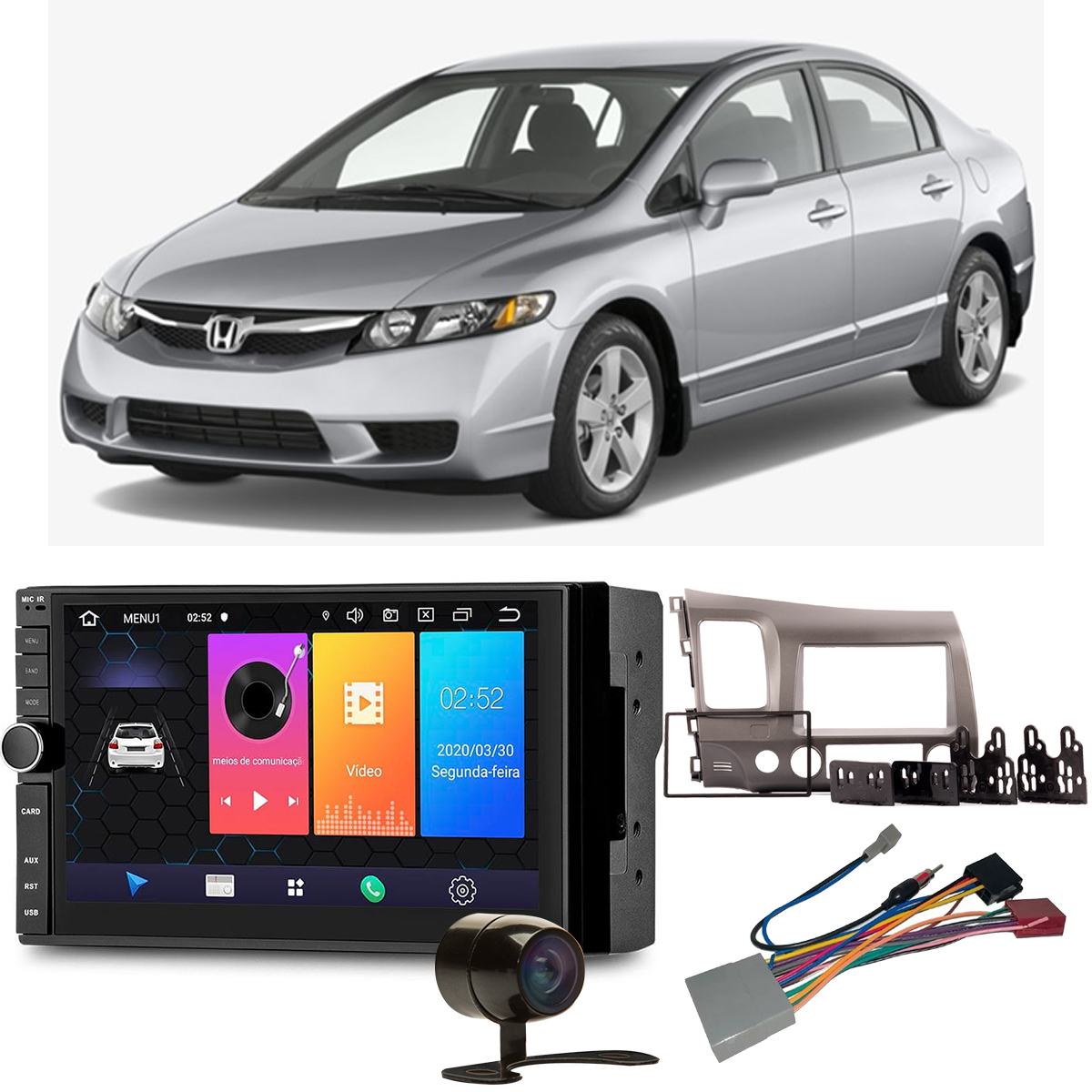 COMP Kit Central Multimídia Civic 2007 a 2011 Evolve 7 pol Android 9 BT Wi-Fi GP349 + Moldura + Câmera + Chicotes